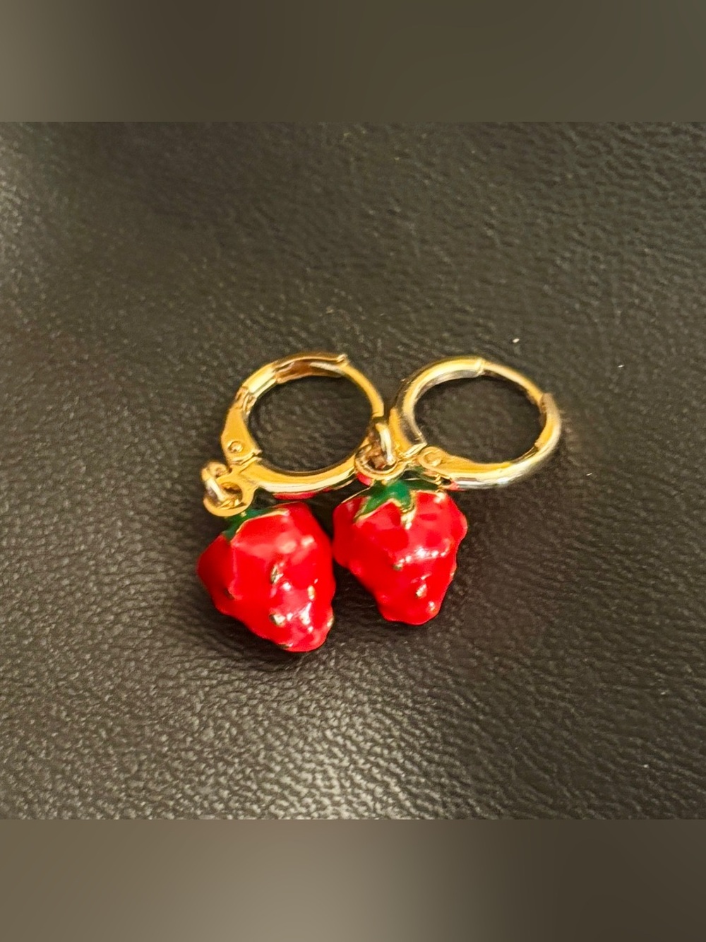 Faux Gold Hoop Earrings with Red Strawberry Charms